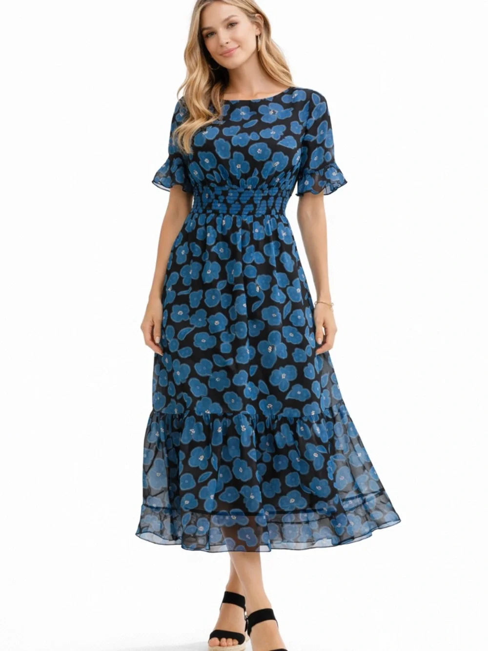 Kate Spade Boho Blue Floral Smocked Midi Dress Size S - Picture 1 of 9